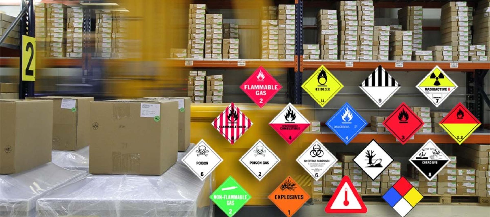 Image shows labels 5.2 oxidizer, Class 4, Dangerous When wet, Class 5.1 Oxidizer, Class 2 Flammable Poison, Poison Gas