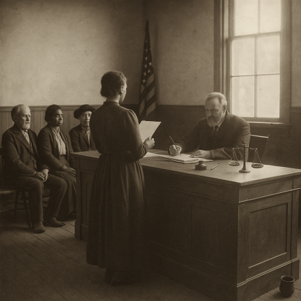 Sepia-toned black-and-white photograph of an 1800s Kern County courtroom. A judge sits behind a tall wooden desk with papers and a quill, while a citizen stands before him holding a petition for a name change. A few others sit quietly on benches in the background as sunlight filters through dusty windows, capturing the calm, procedural tone of civil law in the frontier era.
