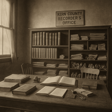 Sepia-toned black-and-white photograph of the Kern County Recorder’s Office in Bakersfield, California, circa 1800s. A wooden desk covered with ledgers, inkwells, and rolled deeds sits near tall shelves filled with maps and bound records. Soft daylight filters through a high window, evoking the quiet diligence of record-keeping in the frontier era.