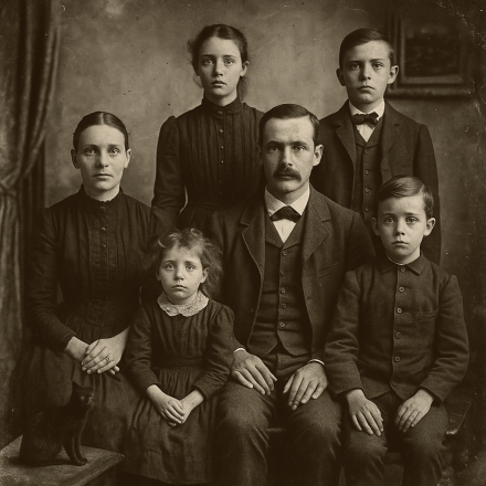 Sepia-toned black-and-white photograph from the 1800s showing a family of six posing stiffly inside a wooden parlor. The adults and children wear formal 19th-century clothing and sit motionless with blank expressions. A crooked picture frame and uneven lighting add to the eerie, authentic stillness of the antique portrait.