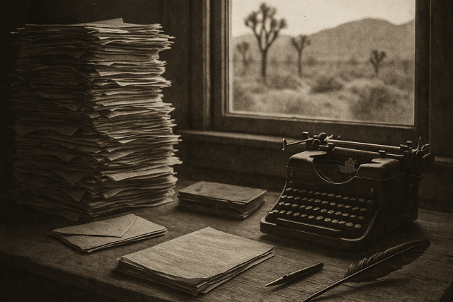 Black-and-white photograph of a rustic desert office desk piled high with legal documents, a vintage typewriter, and a feather pen. Through the window, Joshua trees and the Mojave desert stretch toward distant mountains, capturing the hardworking, timeless atmosphere of the Legal Wrangler’s workspace.