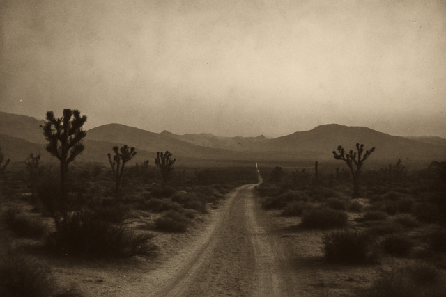 Sepia-toned black-and-white photograph of the open Mojave Desert at dusk. A faint dirt road winds through Joshua Trees and desert brush toward distant hills under a vast, quiet sky. The image evokes solitude, endurance, and the timeless spirit of California’s desert frontier.
